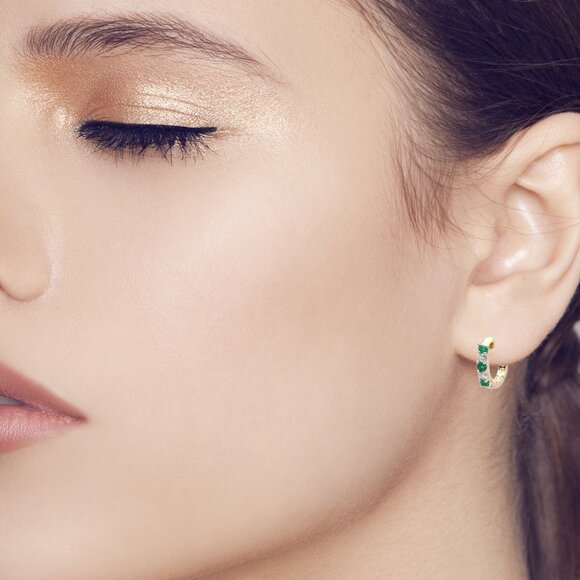 14k small Emerald Huggie Earrings Very cute Emeralds and Diamonds Earring - Picture 7 of 7